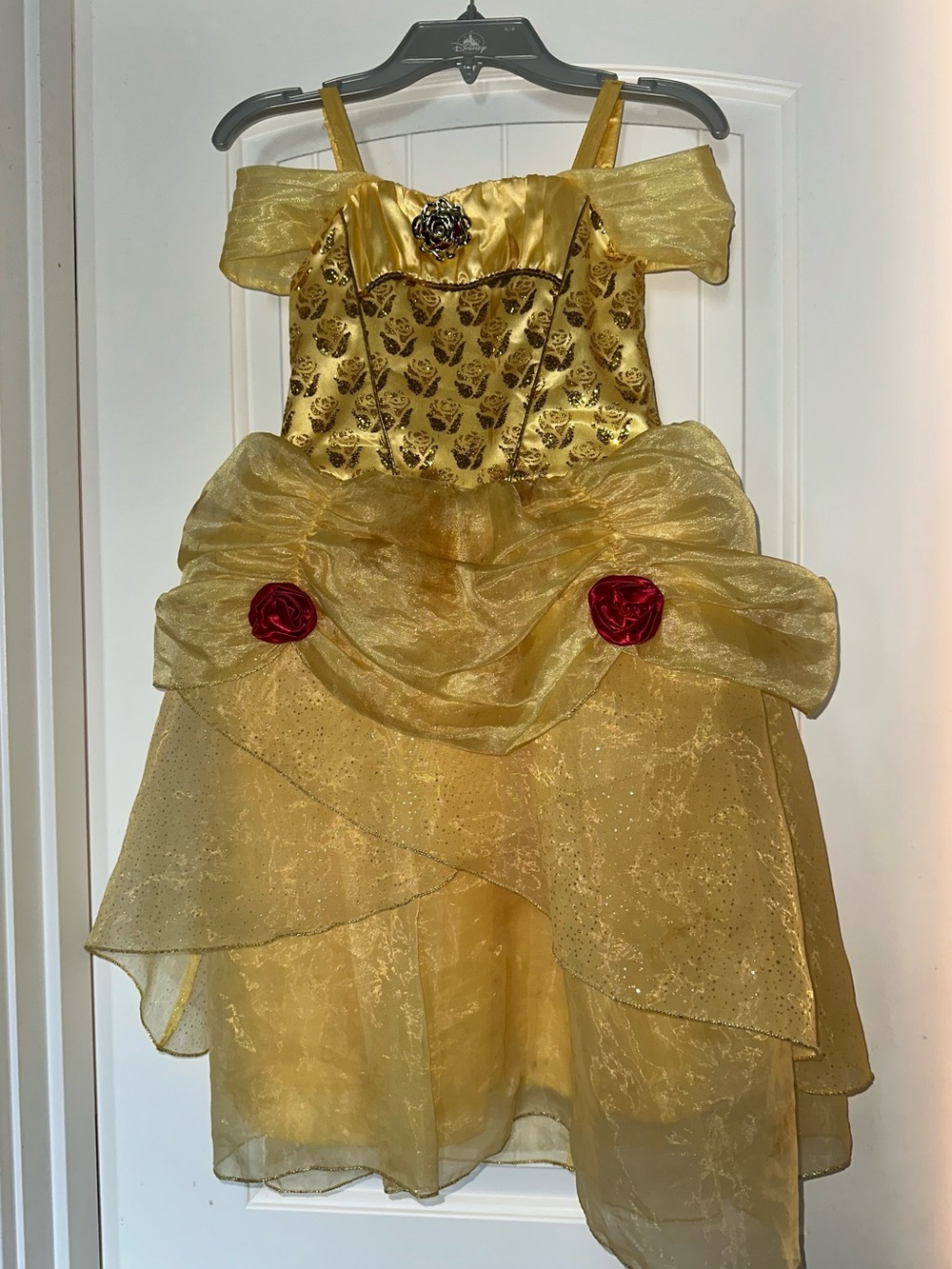 Disney Gold Belle-Inspired Princess Dress with Red Rose Accents
